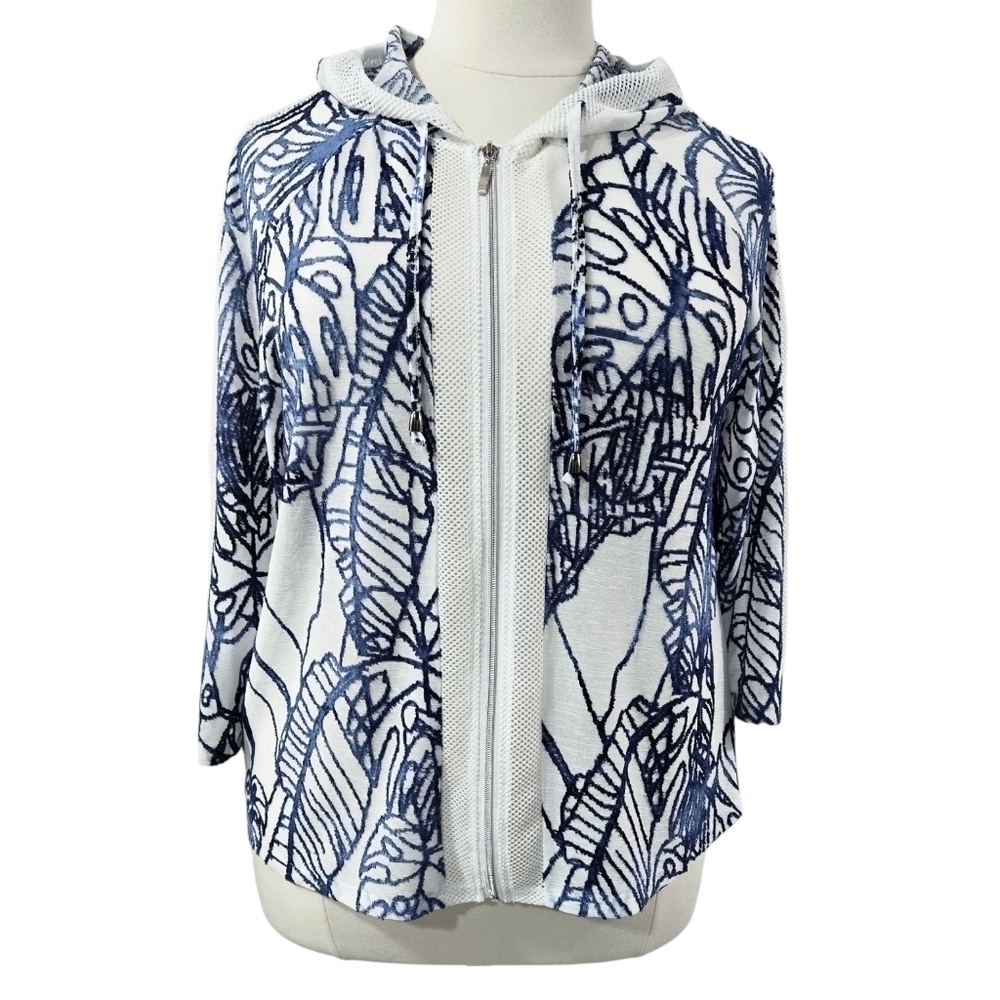 Chico's Weekends White Blue Midnight Palm Hoodie Jacket Mesh Panels Lightweight